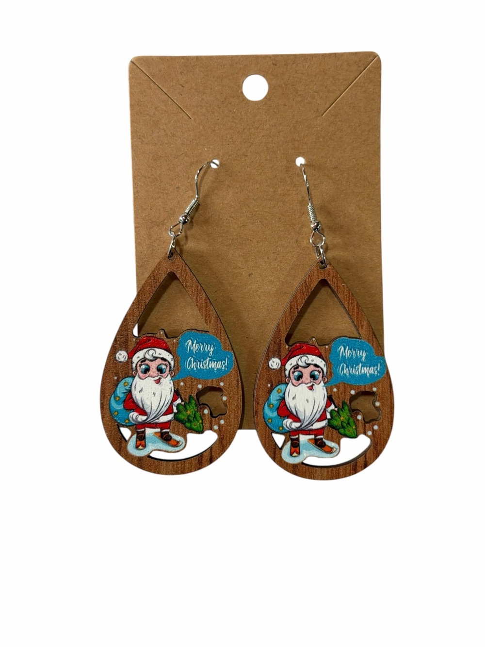 Wooden Teardrop Santa Earrings - Brown Christmas Design